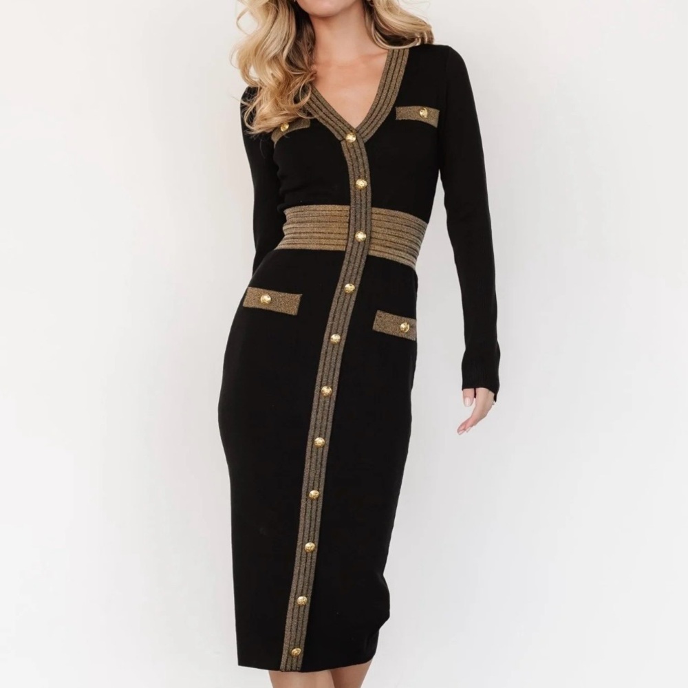 Baltic Born Black Birgitta Ribbed Sweater Dress with Gold Accents